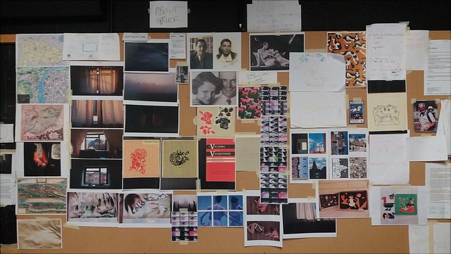 Title of the picture is "Mood Board Tryptych". You can see a pin board with pictures and notes